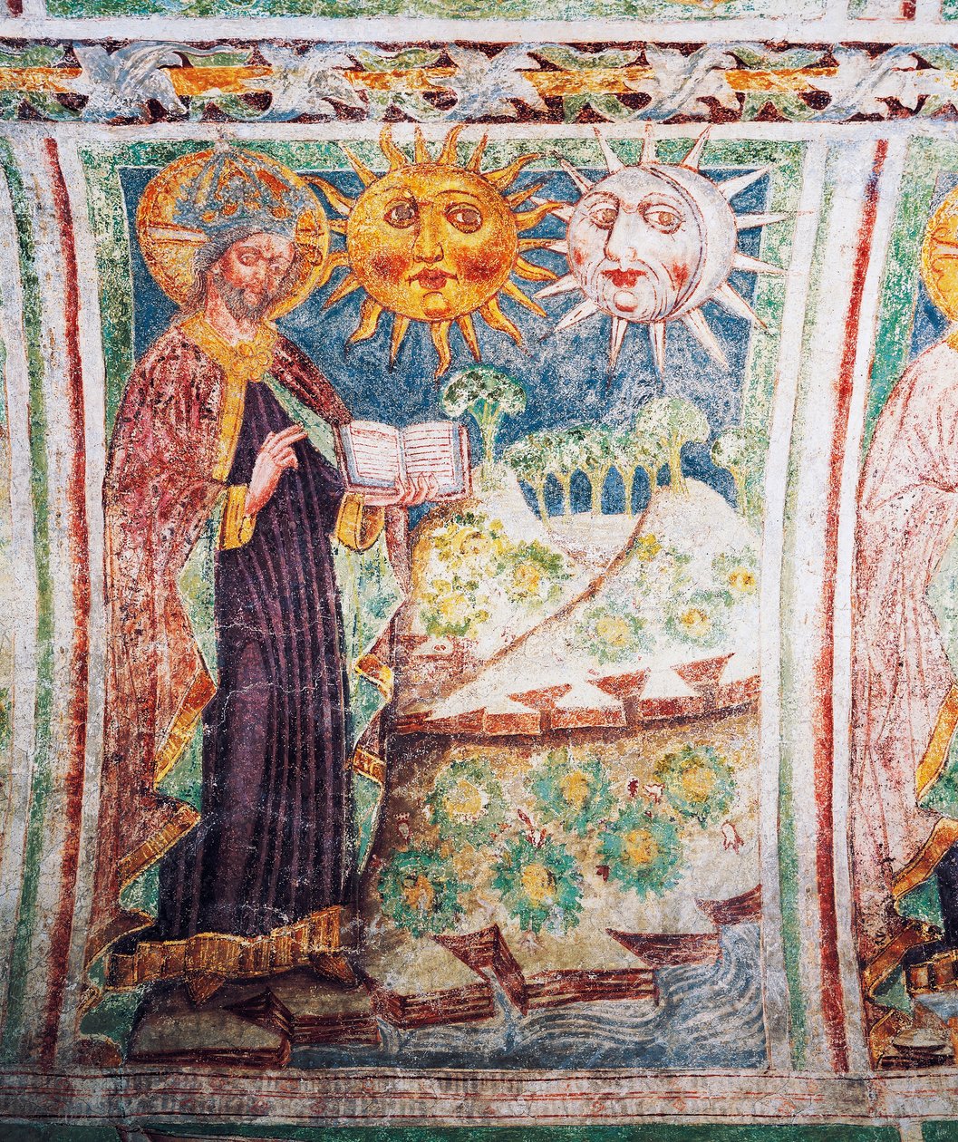 Hrastovljen linnoituskirkko, Kolminaisuuden kirkko, Genesis, Jumala luo auringon, kuun ja tähdet (1490), yksityiskohta Janez Iz Kastvan freskoista, Slovenia tekijältä Janez Kastav