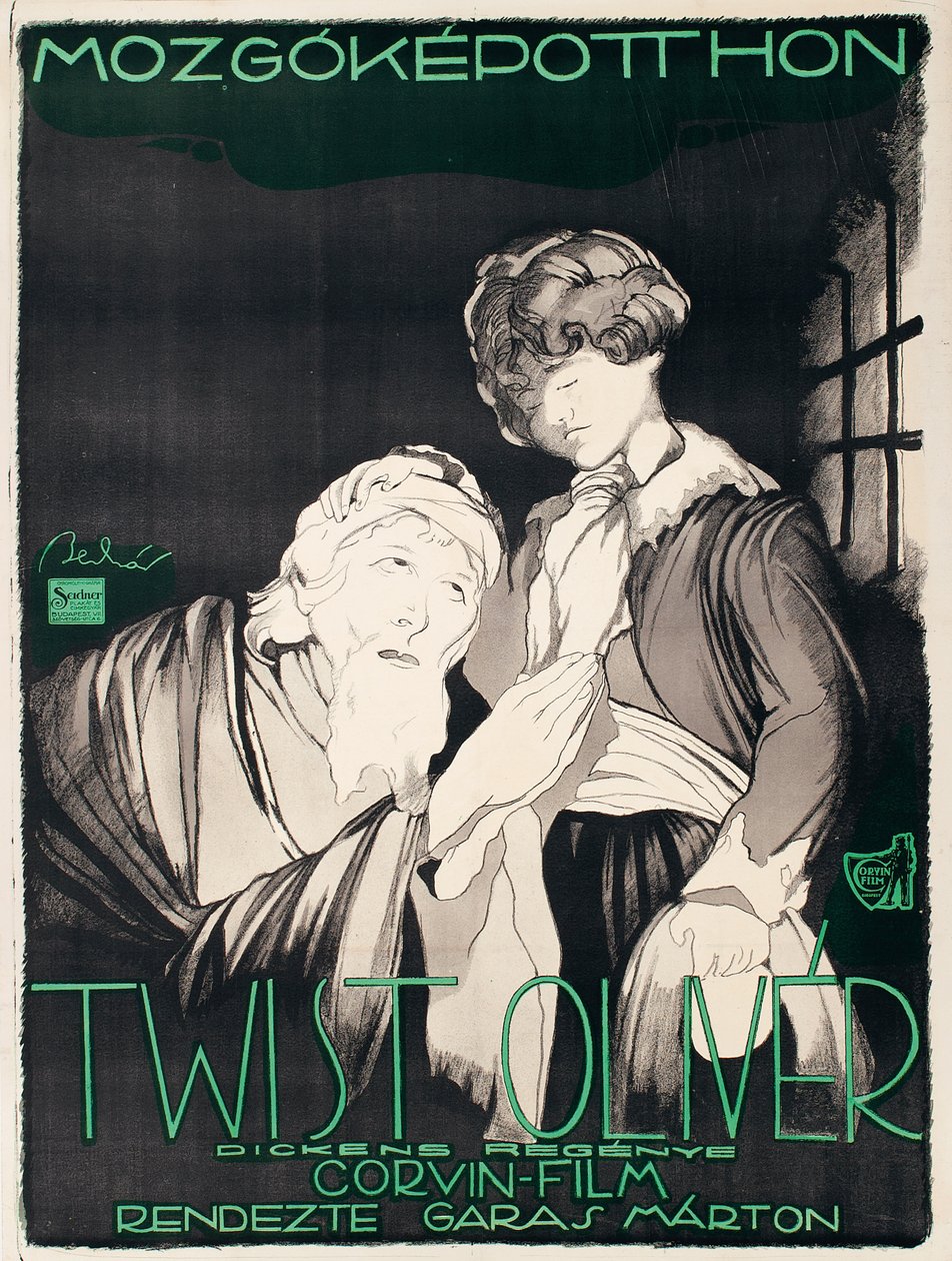Juliste unkarilaisen elokuvatuotantoyhtiön Corvinin mykkäelokuvalle Oliver Twist tekijältä Janos Bednar