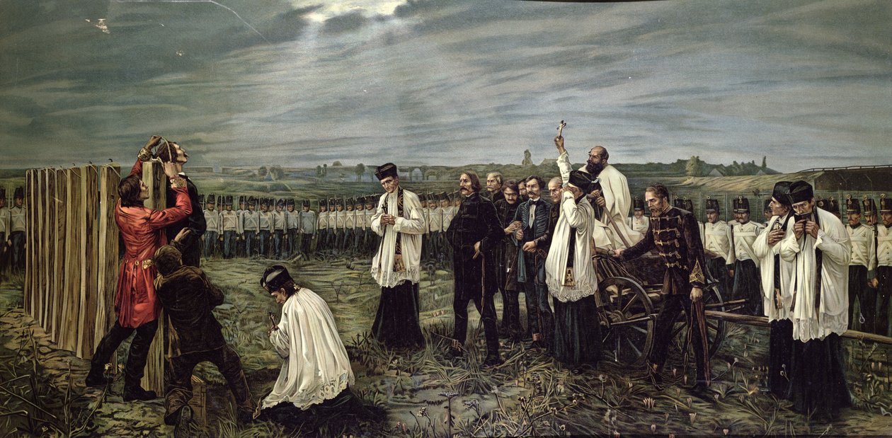 Itävaltalaiset teloittivat unkarilaiset upseerit Aradissa, Unkarissa 6. lokakuuta 1849 1893 (chromolitho) tekijältä Janos Thorma