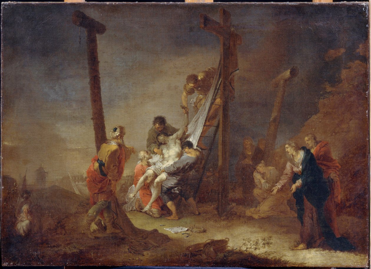 Laskeutuminen ristiltä. Ristin alaosassa Jeesuksen Kristuksen kärsimyksen symbolit: naulat, orjantappurakruunu ja merkintä INRI (I.N.R.I). Johann Rosso Januarius Zickin (1730-1797) maalaus öljy kankaalle. saksalainen taide tekijältä Januarius Zick