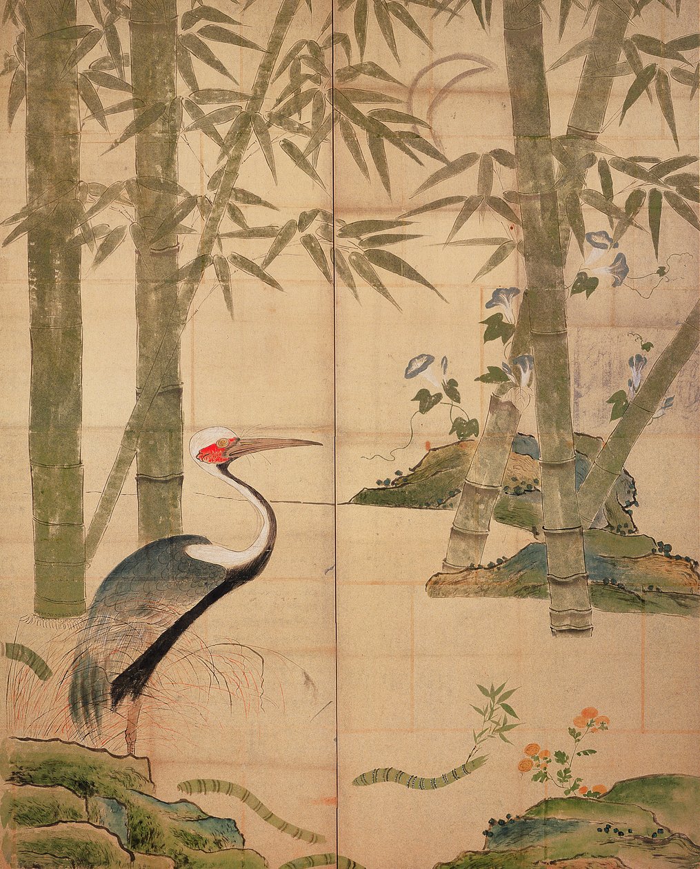 Bambu ja nosturi, Edo-kausi (wc paneelissa) tekijältä Japanese School