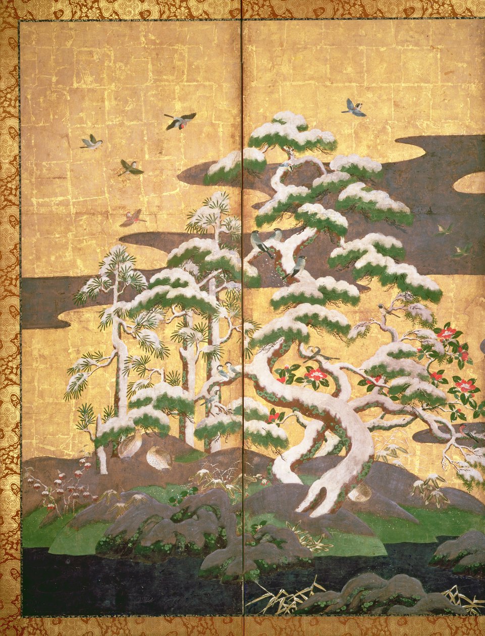 Linnut syksyn ja talven kukilla (kynä ja muste, värillinen ja kultainen paperi paneelissa) (katso 216543, 216544, 216545) tekijältä Japanese School