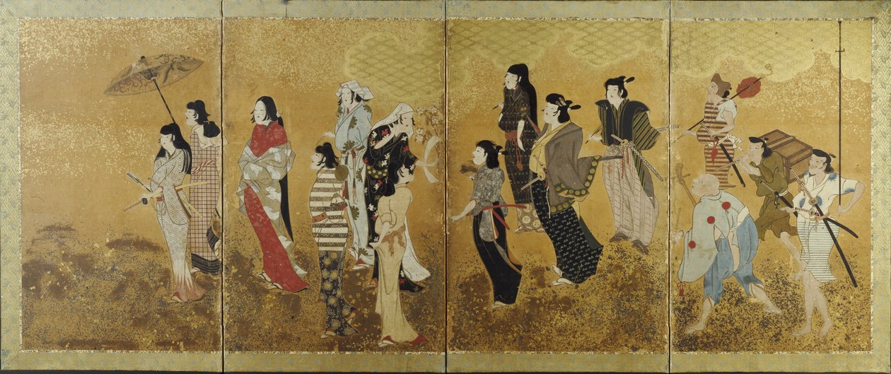 Cherry Blossom Viewing Picnic, n. 1624-44 (nelikertainen näyttö, muste, väri ja kultalehti paperilla) tekijältä Japanese School