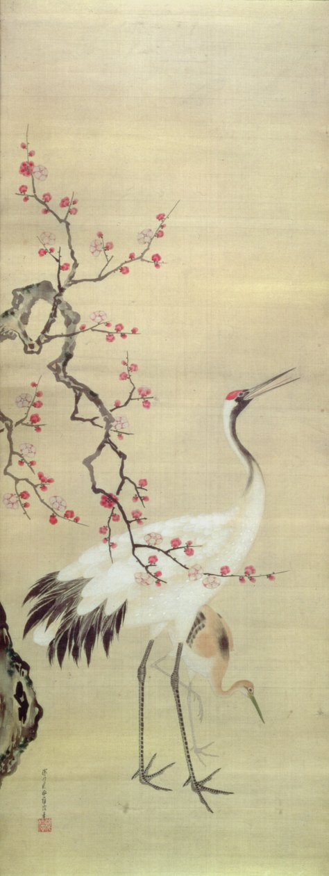 Crane and Blossom, n. 1850-80 (muste ja väri silkillä) tekijältä Japanese School