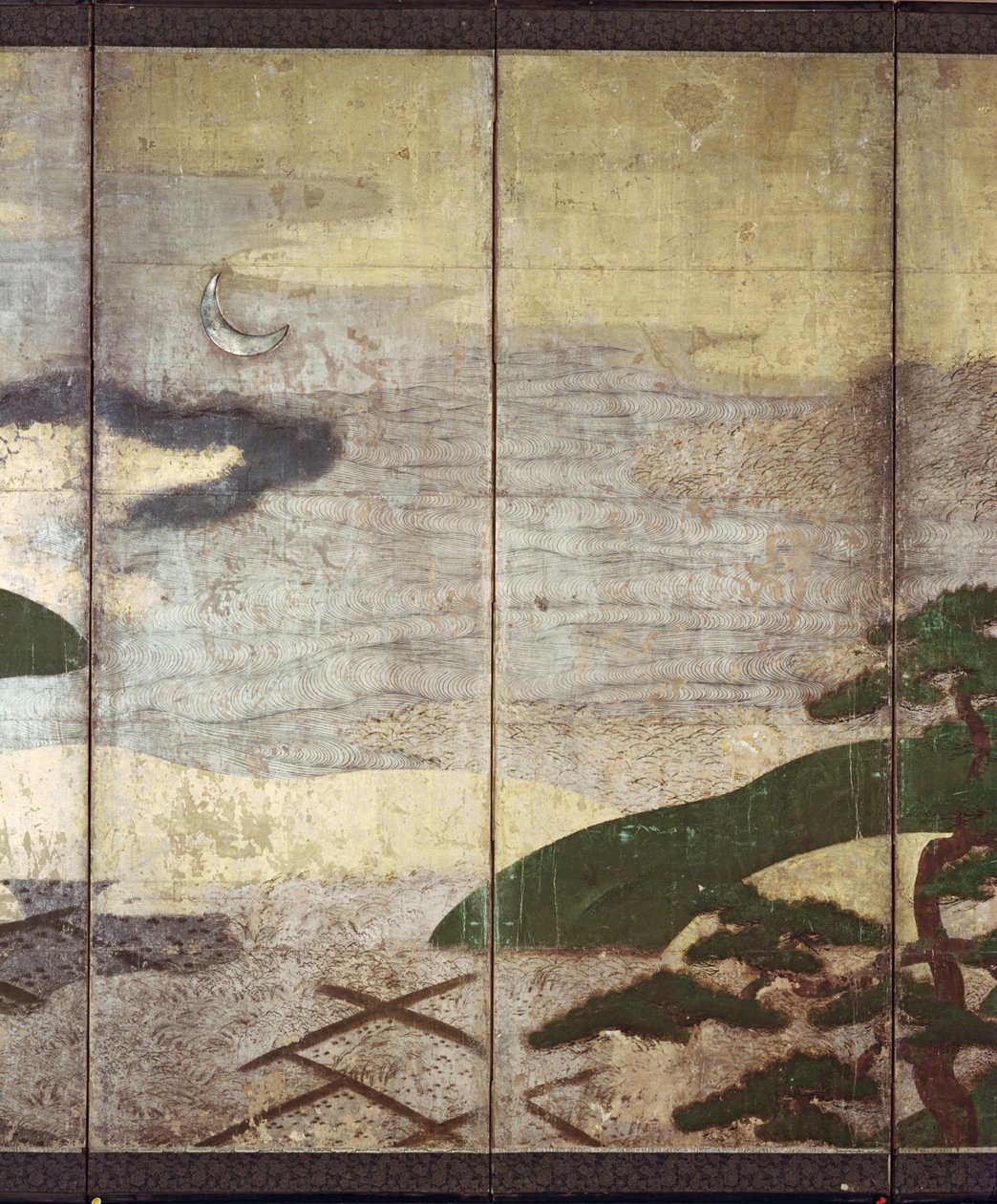 Moonlight Landscape (kynä ja muste, väri, kultainen paperi paneelissa) (katso 216573, 216575) tekijältä Japanese School