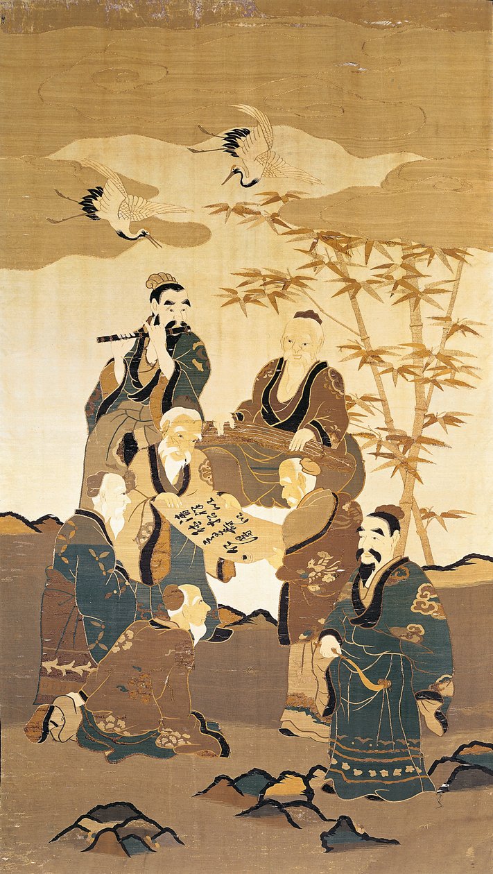 Seitsemän viisasta miestä bambumetsässä (maalattu silkki) tekijältä Japanese School