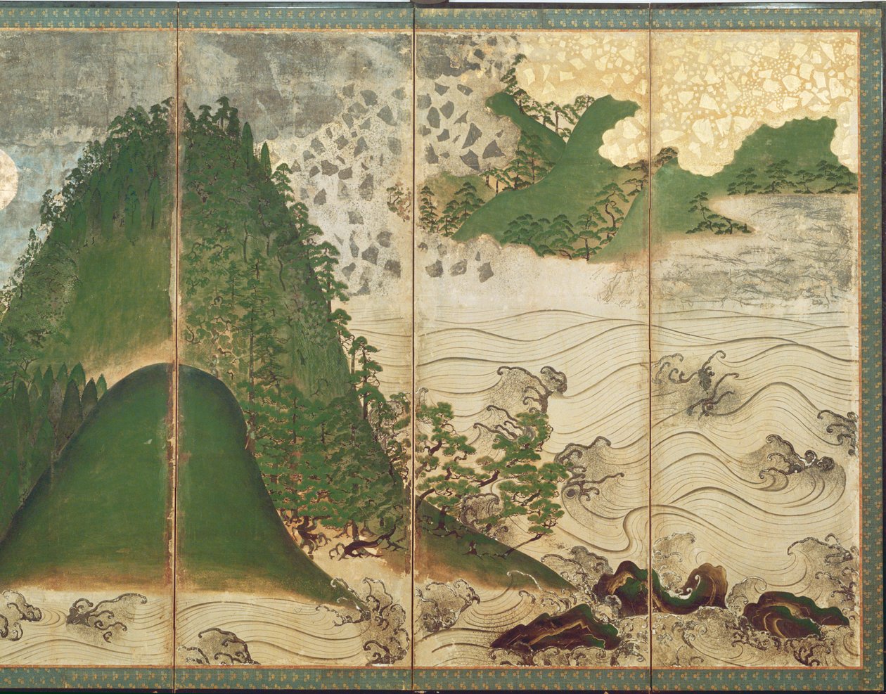 Kevätmaisema auringon kanssa, osa kuuden paneelin taittokangasta (väri paperille) (ks. 216549). tekijältä Japanese School