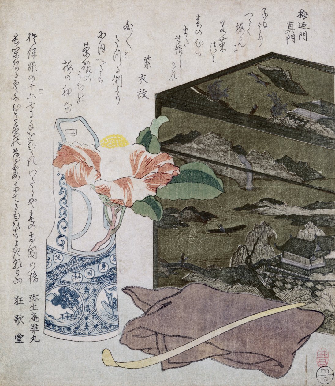 Still Life with a Camelia, n. 1820 (värillinen puupainatus) tekijältä Japanese School