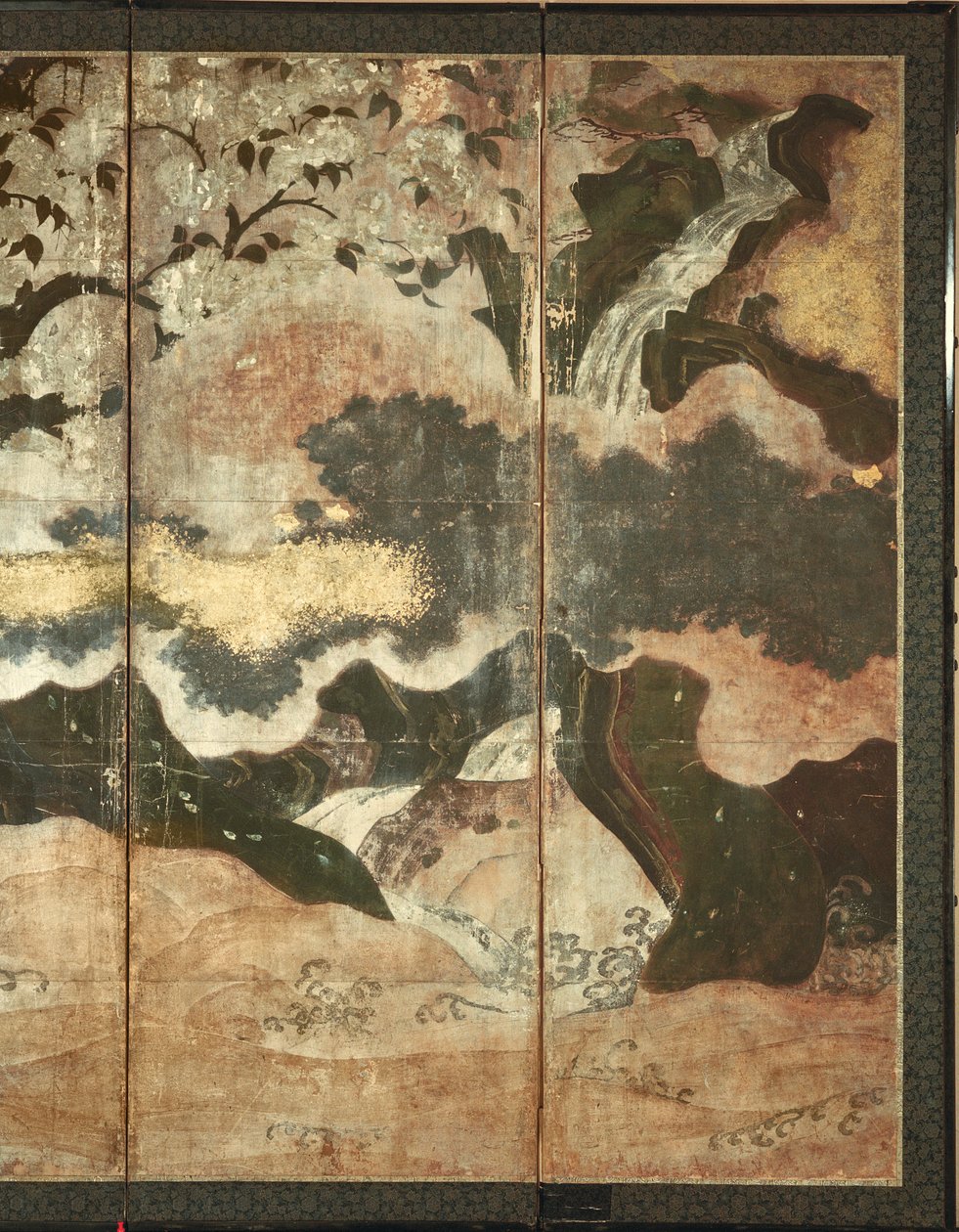 Aurinkoinen maisema (kynä ja muste, väri, kultainen paperi paneelissa) (katso 216576, 216577) tekijältä Japanese School