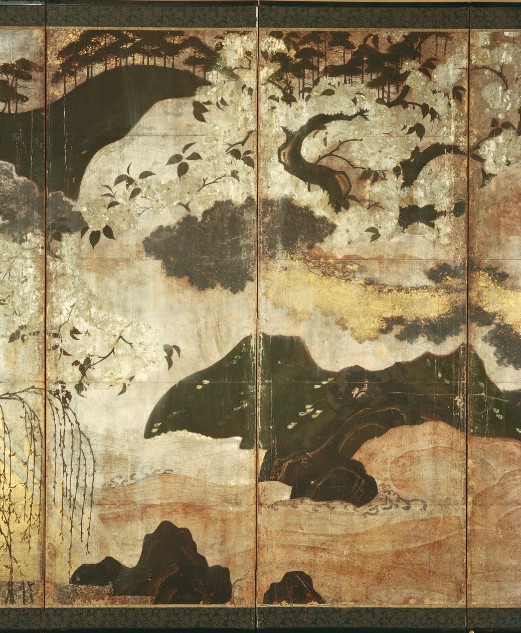 Aurinkoinen maisema (kynä ja muste, väri, kultainen paperi paneelissa) (katso 216576, 216578) tekijältä Japanese School