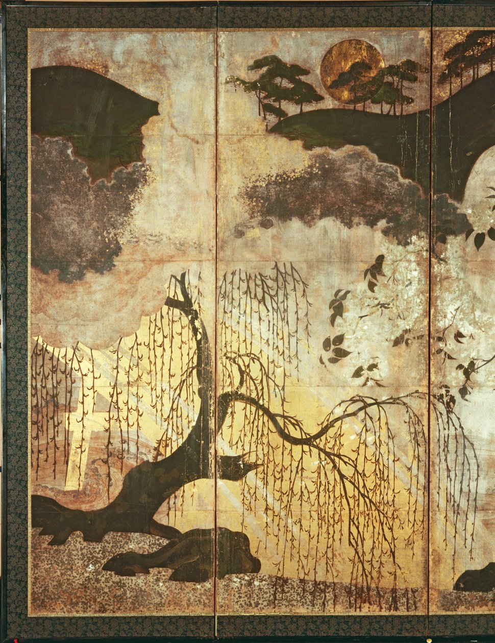 Aurinkoinen maisema (kynä ja muste, väri, kultainen paperi paneelissa) (katso 216577, 216578) tekijältä Japanese School