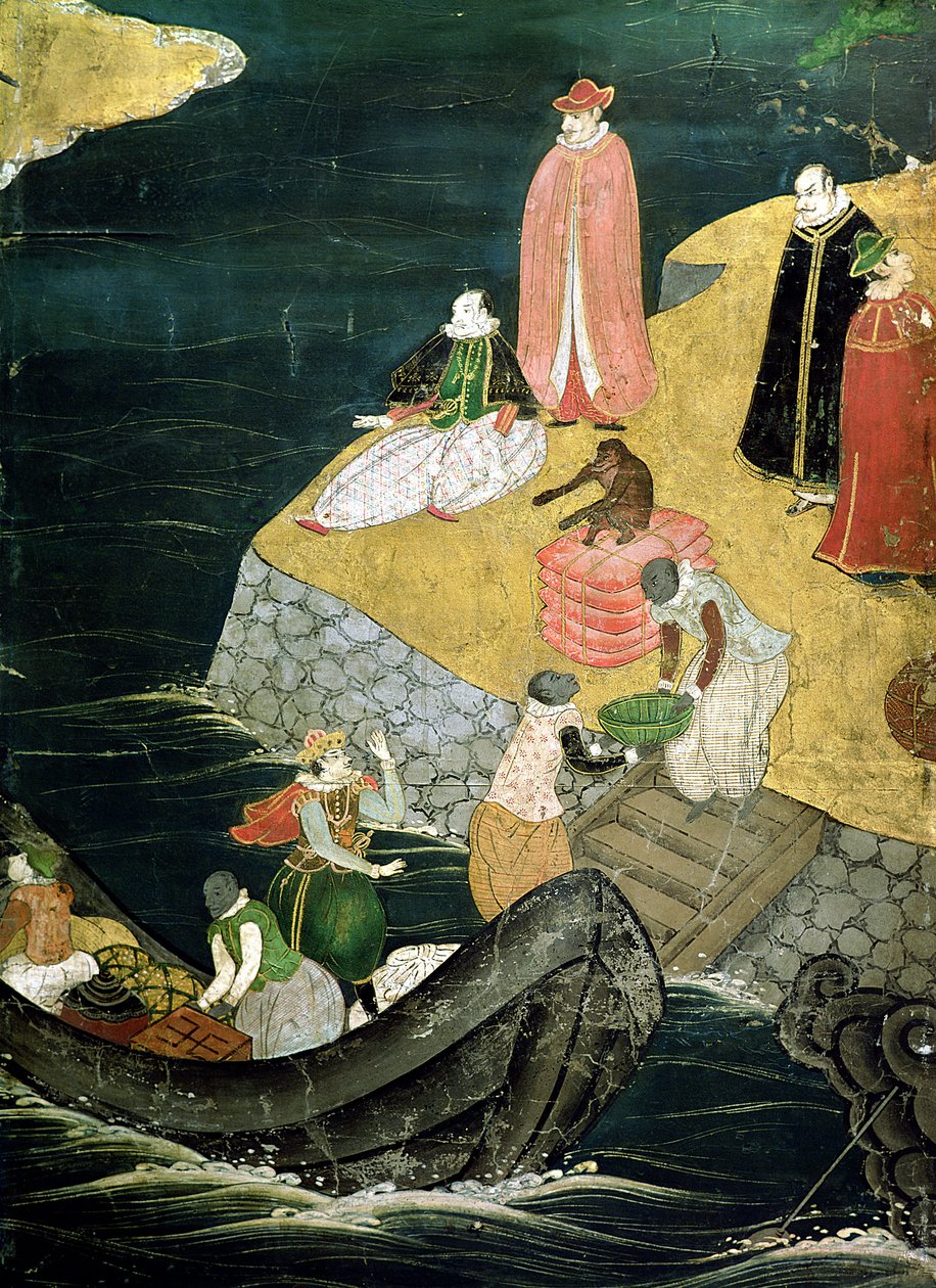 Portugalilaisten saapuminen Japaniin, yksityiskohta lastin lastaamisesta Namban Byobu -seulasta, 1594-1618 tekijältä Japanese School