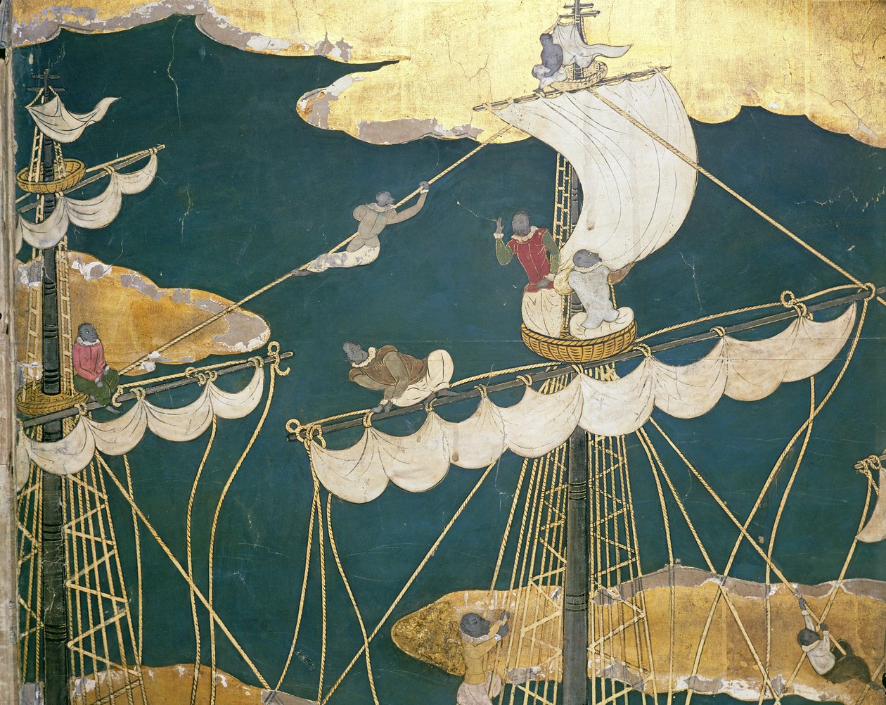Portugalilaisten saapuminen Japaniin, yksityiskohta laivan mastosta ja variksen pesästä, Namban Byobu -näytöstä, 1594-1618 tekijältä Japanese School