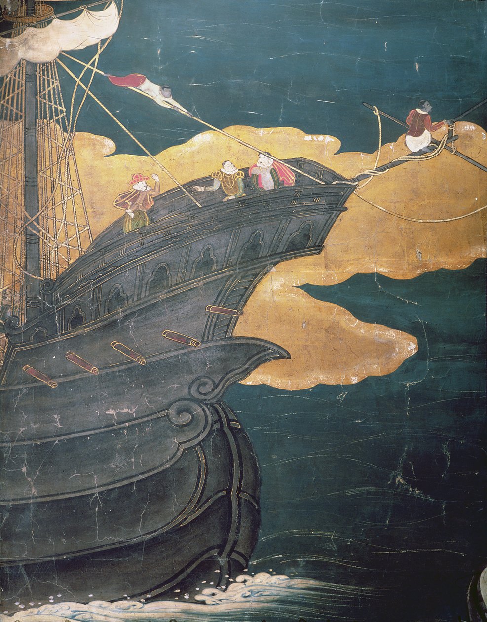 Portugalilaisten saapuminen Japaniin, yksityiskohta laivan keulasta, Namban Byobu -näytöstä, 1594-1618 tekijältä Japanese School