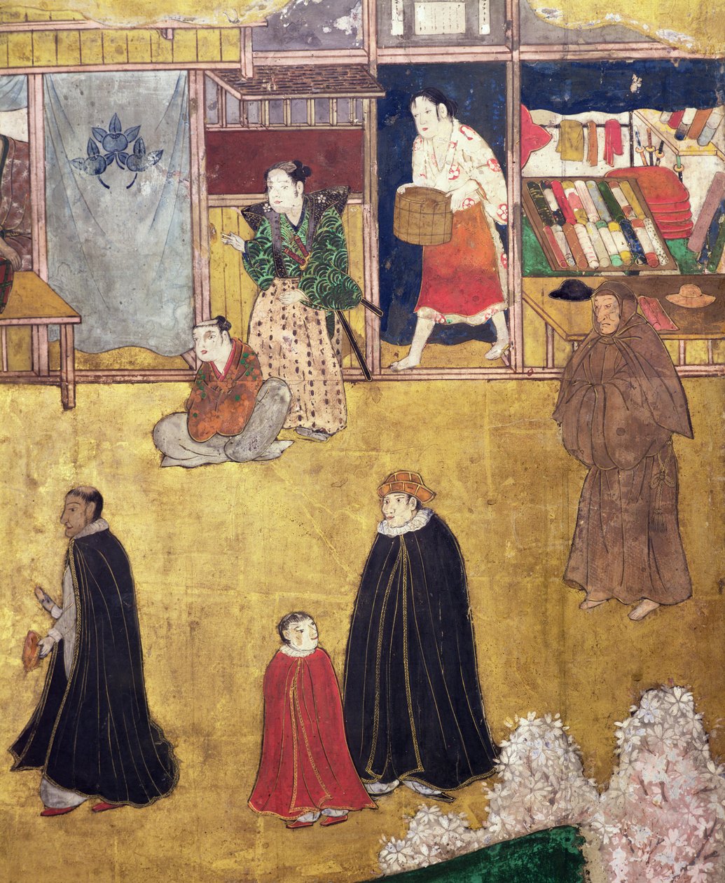 Portugalilaisten saapuminen Japaniin, yksityiskohta kaupoista Namban Byobu -näytöltä, 1594-1618 tekijältä Japanese School