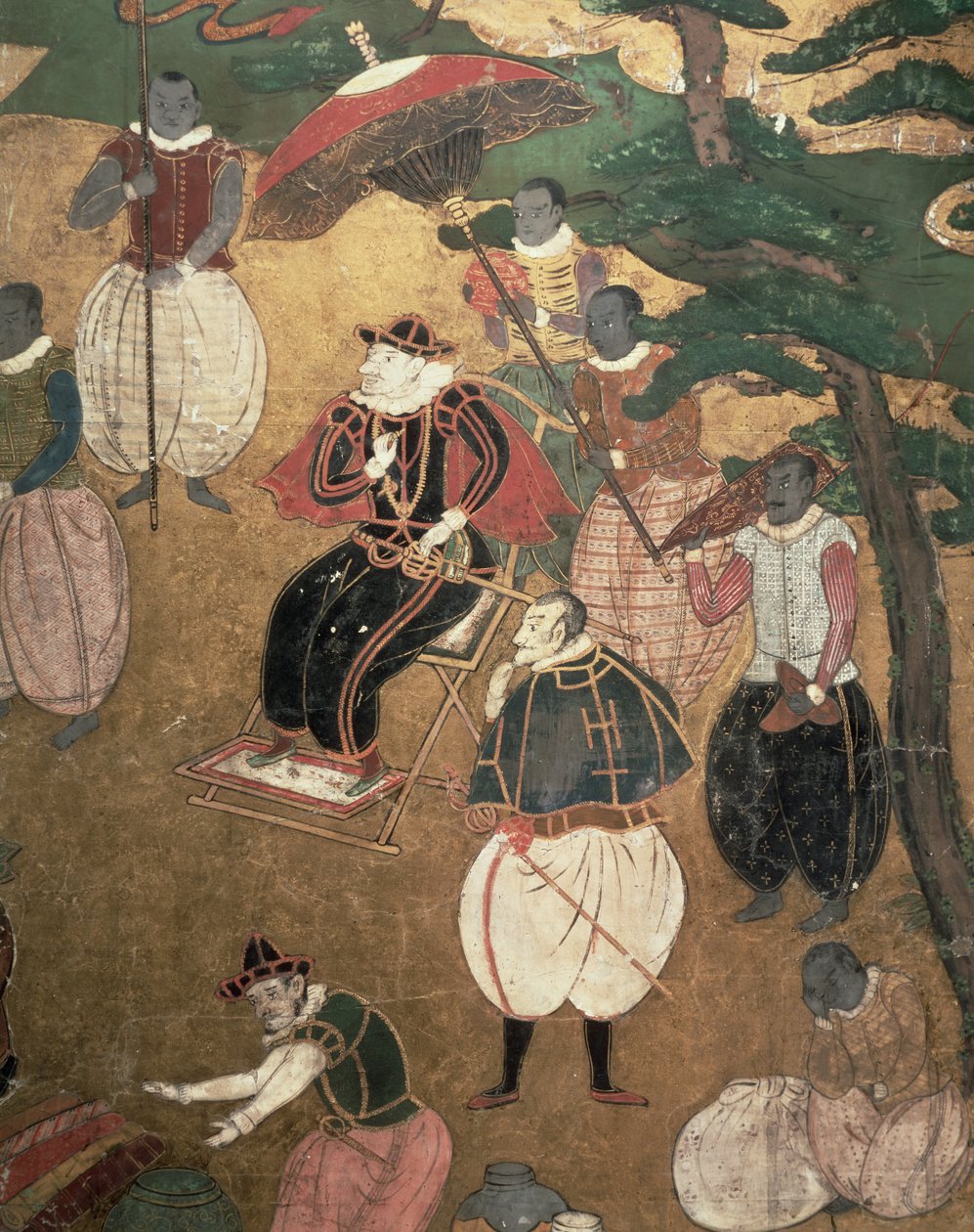 Portugalilaisten saapuminen Japaniin, yksityiskohta portugalilaisista, jotka komensivat poistumista Namban Byobu -näytöstä, 1594-1618 tekijältä Japanese School