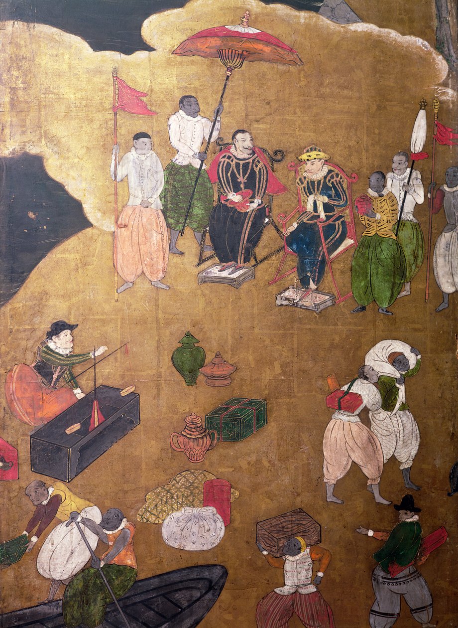 Portugalilaisten saapuminen Japaniin, yksityiskohta portugalilaisista, jotka komensivat poistumista, Namban Byobu -näytöltä, 1594-1618 tekijältä Japanese School