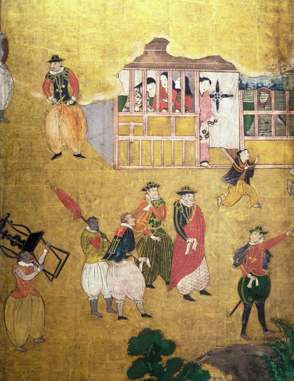Portugalilaisten saapuminen Japaniin, yksityiskohta portugalilaisista Namban Byobu -näytöstä, 1594-1618. tekijältä Japanese School