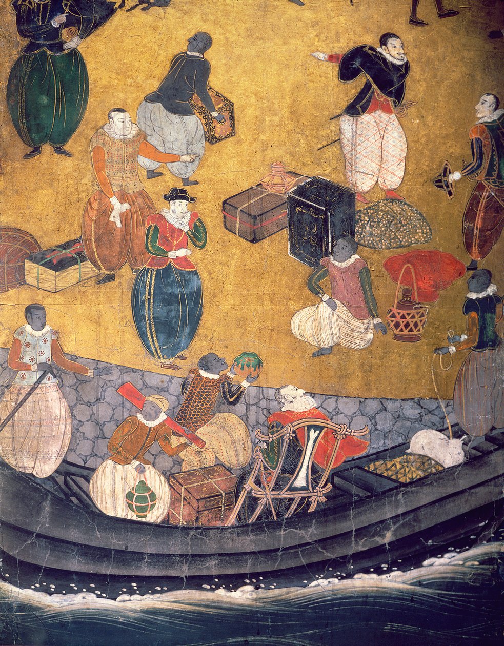 Portugalilaisten saapuminen Japaniin, yksityiskohta tavaroiden purkamisesta Namban Byobu -näytöltä, 1594-1618 tekijältä Japanese School