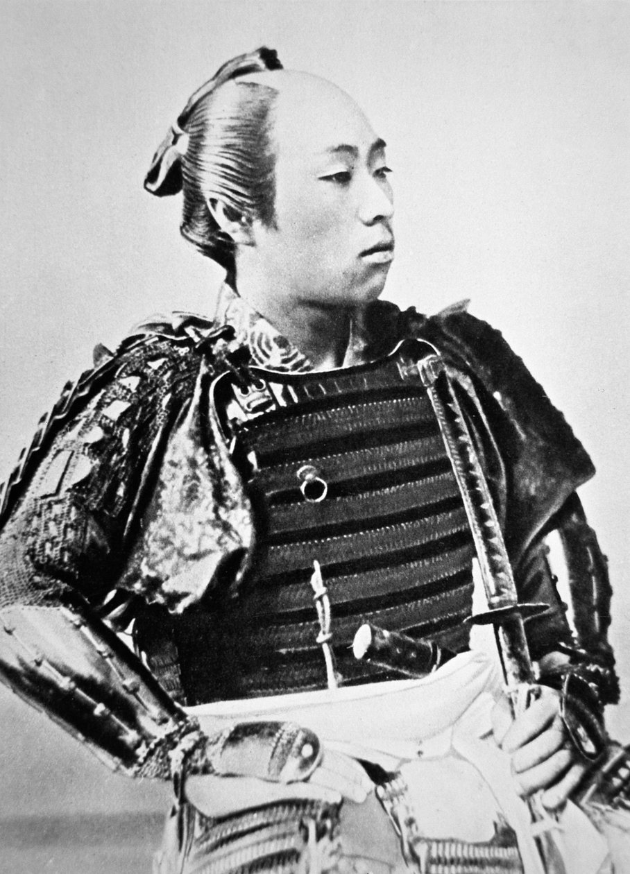 Vanhan Japanin samurai perinteisellä kampauksella (m/w kuva) tekijältä Japanese Photographer