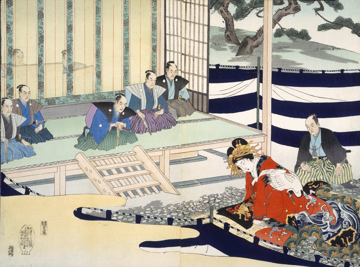 Mies kuulustelee naista, 1800-luvun puupiirrosalbumista (väripuupainatus) tekijältä Japanese School