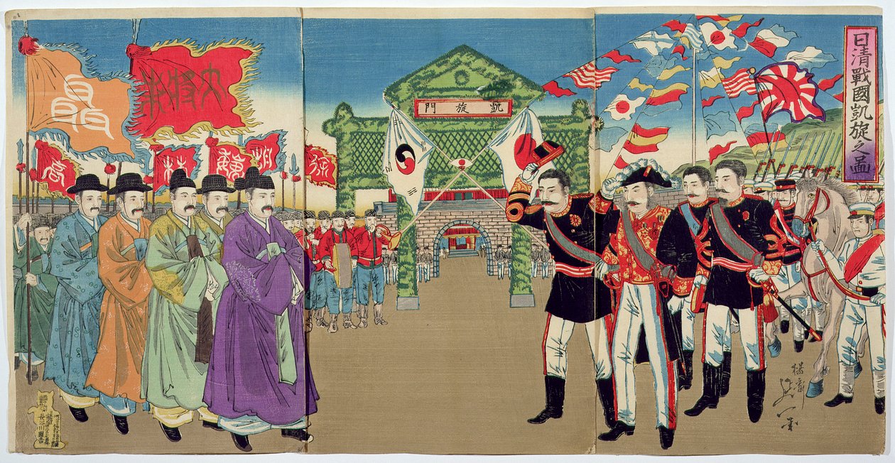 Japanilaisten upseerien ja Korean virkamiesten tapaaminen, jakso Kiinan ja Japanin sodasta, 1800-luvun lopulla (värillinen puupainatus) tekijältä Japanese School