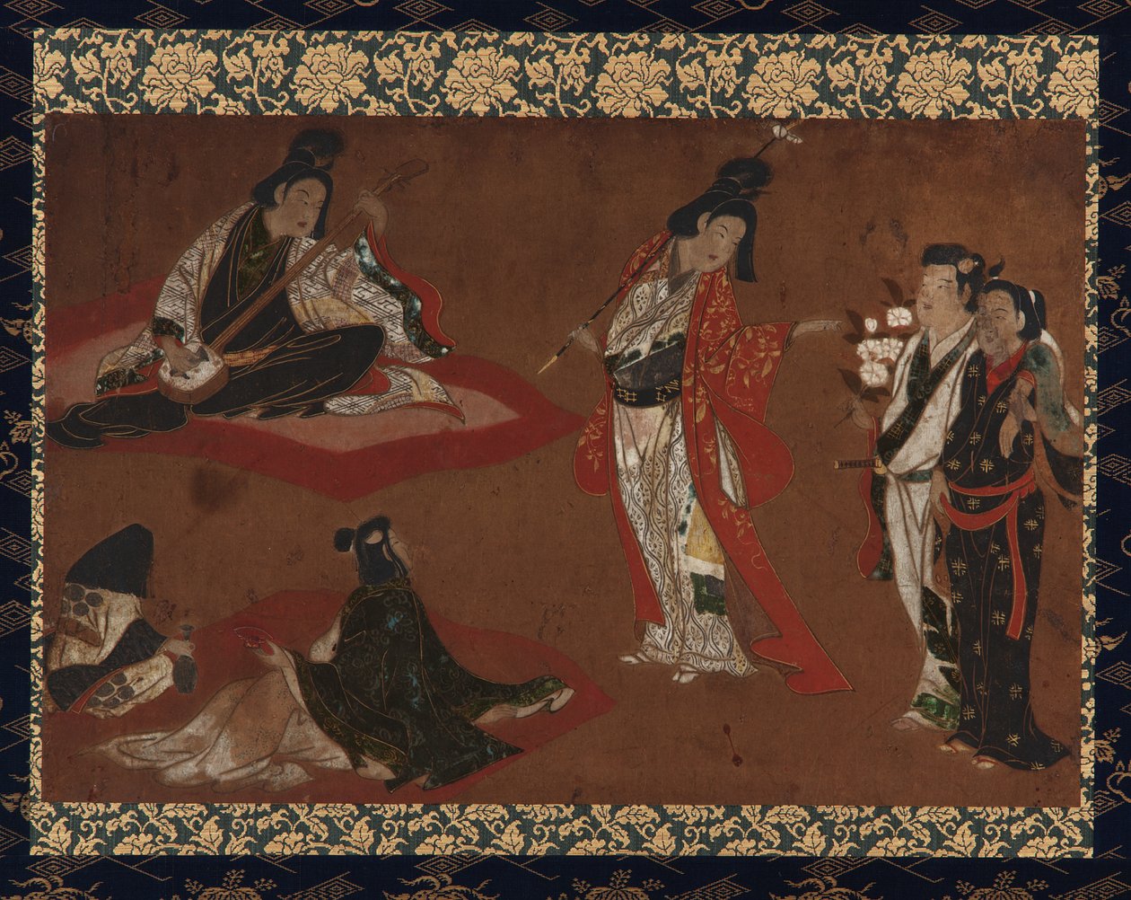 A Picnic Party, ripustettu käärö (paneeliin kiinnitetty), 1600-luvun alku (väri ja kulta paperille). tekijältä Japanese School