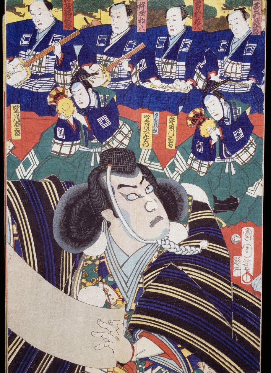 Näyttelijöitä, kertojia ja shamisenin soittajia, Kabuki-teatterikohtaus tekijältä Japanese School
