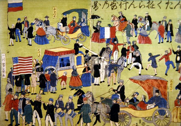 Amerikkalaiset, hollantilaiset ja ranskalaiset vierailijat saapuvat Japanin Yokohamaan, n. 1860 (värillinen puupiirros) tekijältä Japanese School