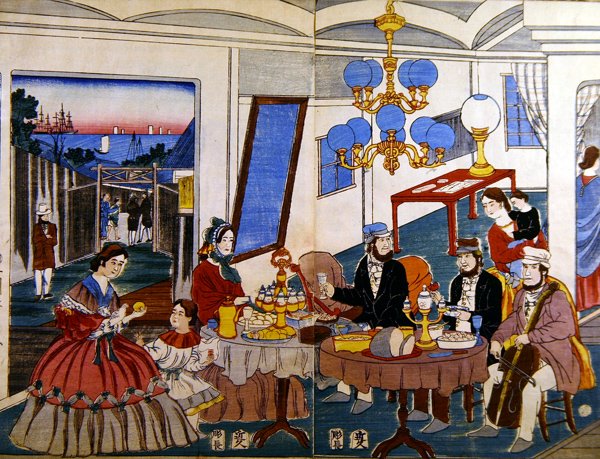 Amerikkalainen tai eurooppalainen perhe Japanissa, n. 1860 (värillinen puupiirros) tekijältä Japanese School