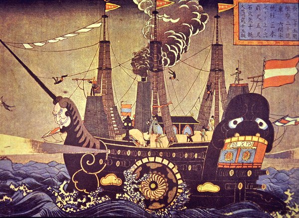 Amerikkalainen sivumelahöyrylaiva vuodelta 1853, jonka on maalannut hämmästynyt japanilainen taiteilija tekijältä Japanese School