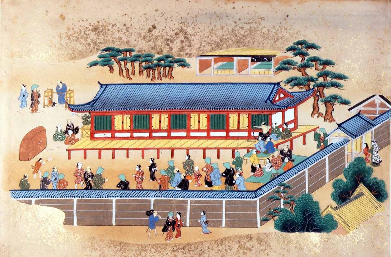 Jousiammuntakilpailu, kuvitus Engelbert Kaempferin japanilaisen ja kiinalaisen taiteen Kaempfer-kokoelmasta, n. 1672 (värilitho) tekijältä Japanese School