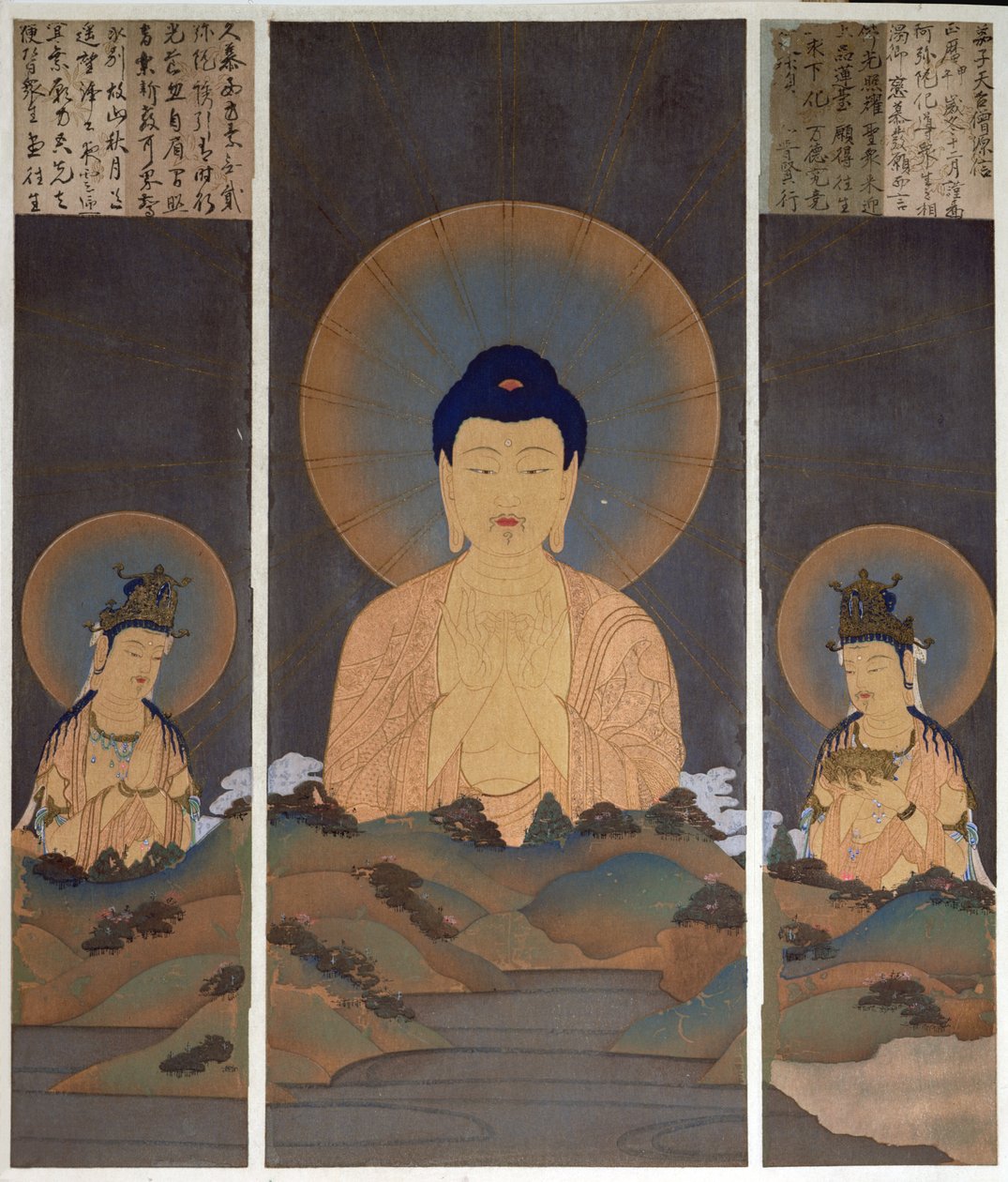 Buddhalaisen kolminaisuuden, Buddha Amitabhan ja hänen kahden bodhisattvansa, Kannonin (Myötätunto) ja Seishin (Viisaus) ilmestyminen vuorella, kuvitus Kokka-lehdestä, tammikuu 1909 (värilitro). tekijältä Japanese School