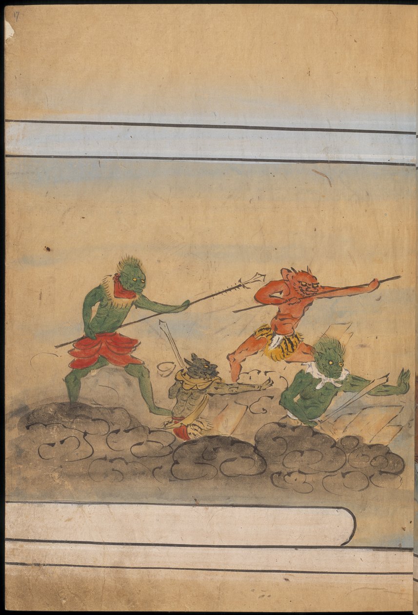 Aseistetut goblinit, kuvitus "Taishokkanista" (muste ja väri paperille) tekijältä Japanese School