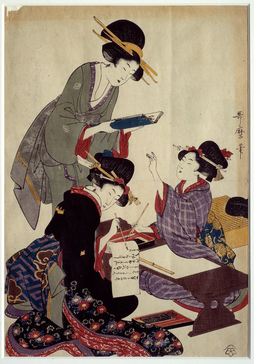 Art Japan: Shogi-pelin (perinteinen japanilainen shakkipeli) kirjoittaminen. 1800-luvun vedoksia. Coll. Liikkua. tekijältä Japanese School