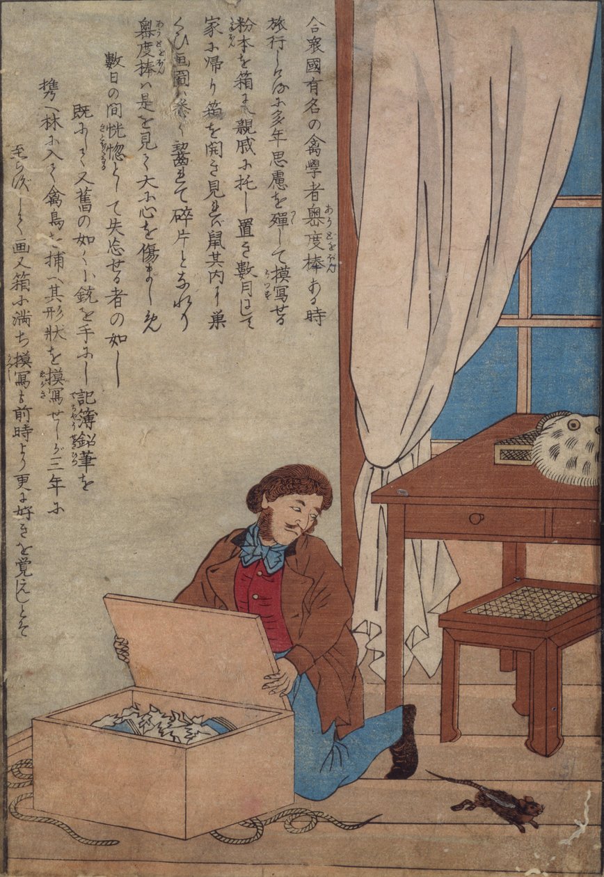 Audubon avaa Norjan rottien tuhoaman akvarellilaatikkonsa, n. 1872-77 tekijältä Japanese School