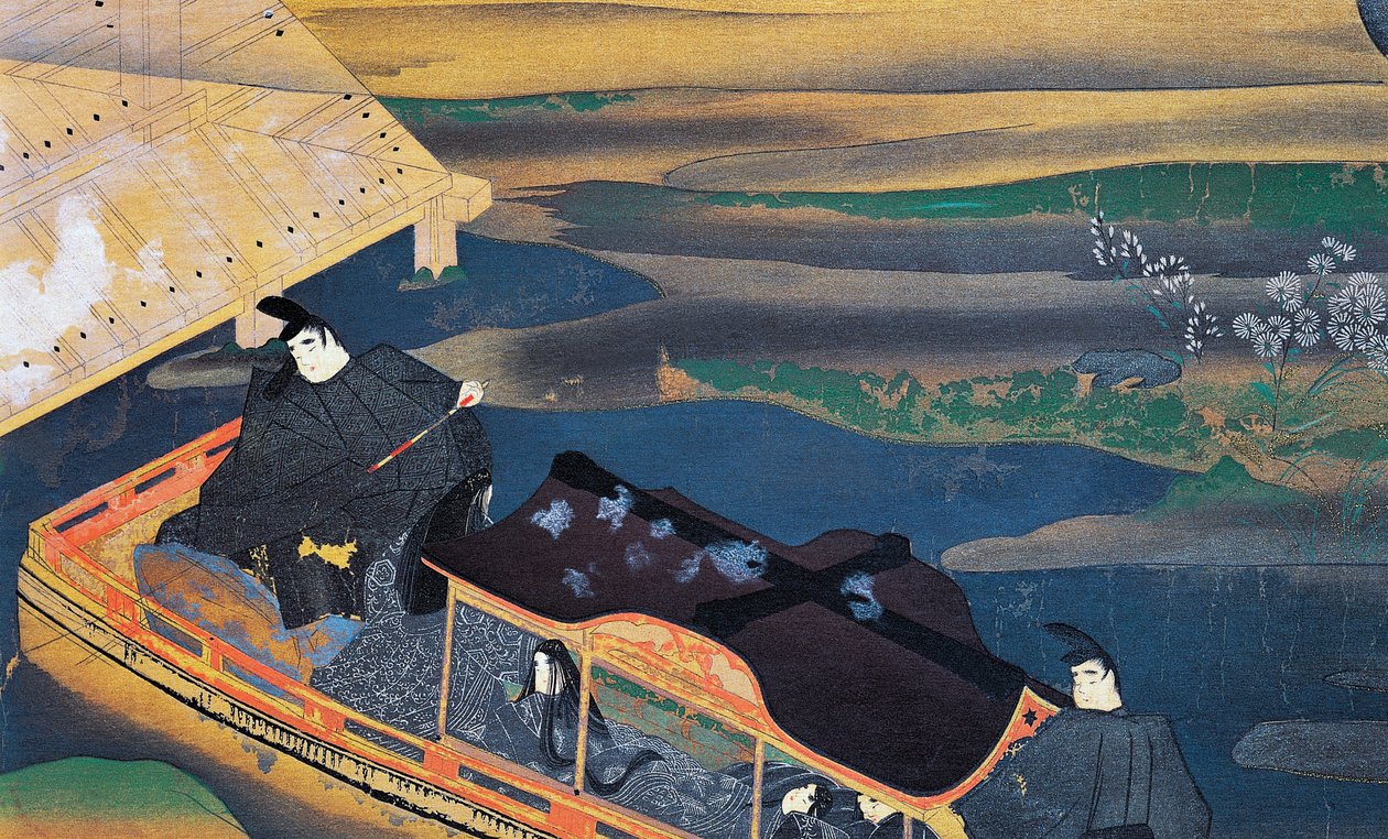 Vene kuunvalossa, Fujiwara Nobuzane (1176-1265), kuva Murasaki Shikibun päiväkirjasta, japanilainen sivilisaatio tekijältä Japanese School