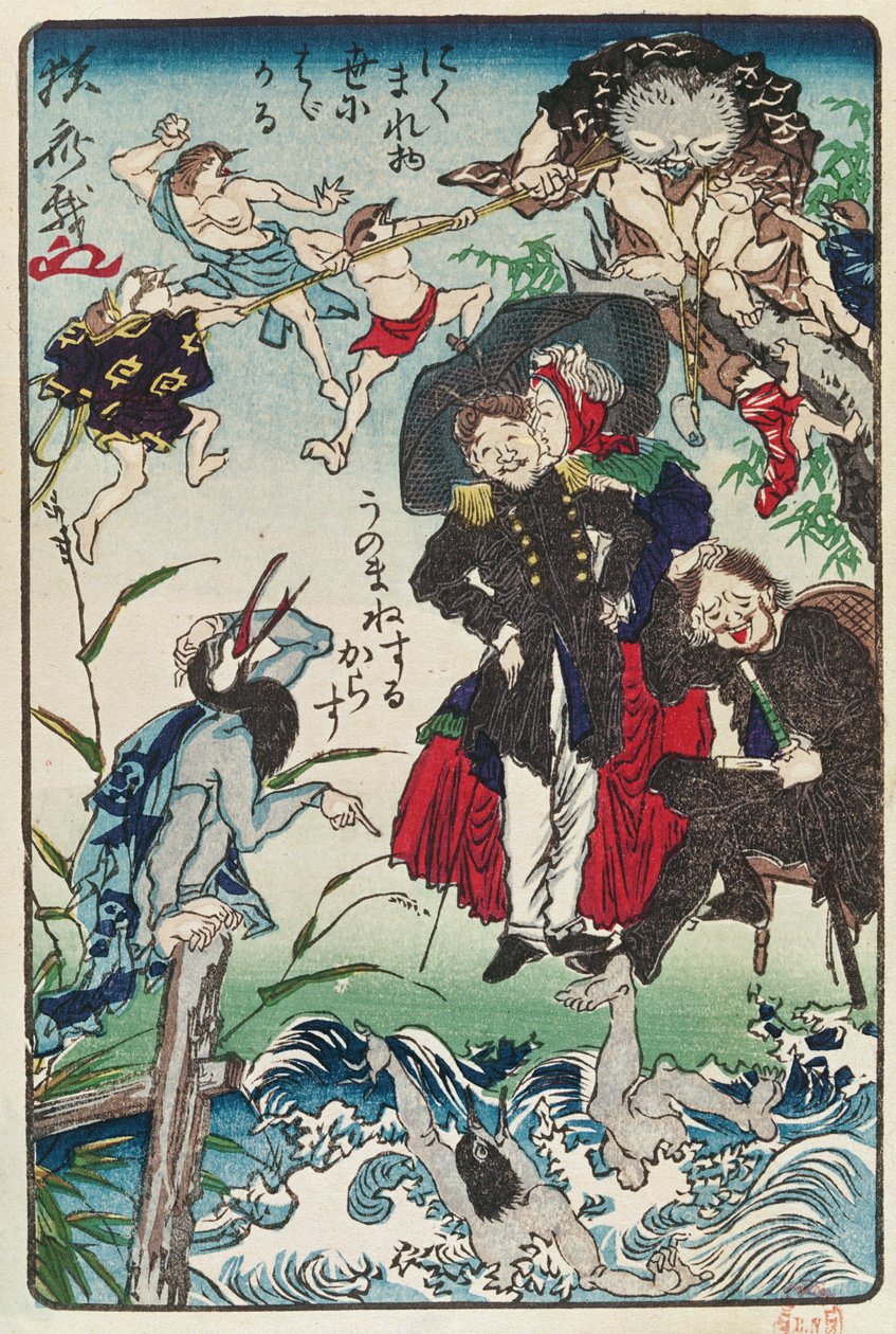 Karikatyyri japanilaisista länsimaisissa vaatteissa, n. 1870 (värillinen puupainatus) tekijältä Japanese School
