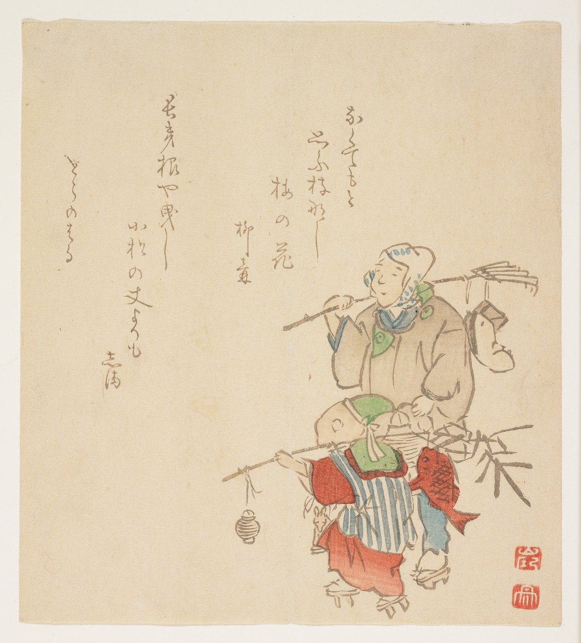 Kantoi uudenvuodenkoristeita, tammikuu 1854 (värillinen puupainatus) tekijältä Japanese School