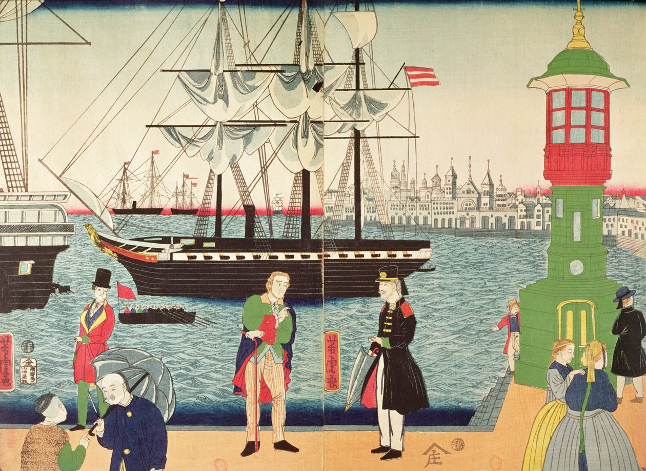 Pariisin kaupunki japanilaisen taiteilijan kuvittelemana, n. 1859 (värillinen puupiirros) tekijältä Japanese School