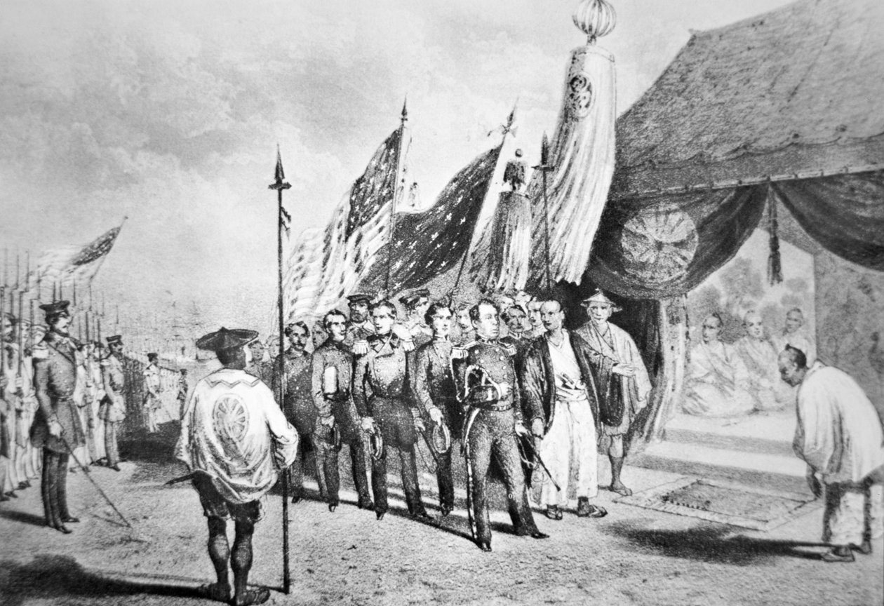 Kommodori Perry Japanissa vuonna 1853 tapasi keisarilliset komissaarit Yokohamassa tekijältä Japanese School