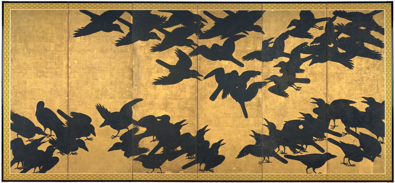 Crows, 1600-luvun alku (pari kuudesta paneelista; muste ja kulta paperille) tekijältä Japanese School