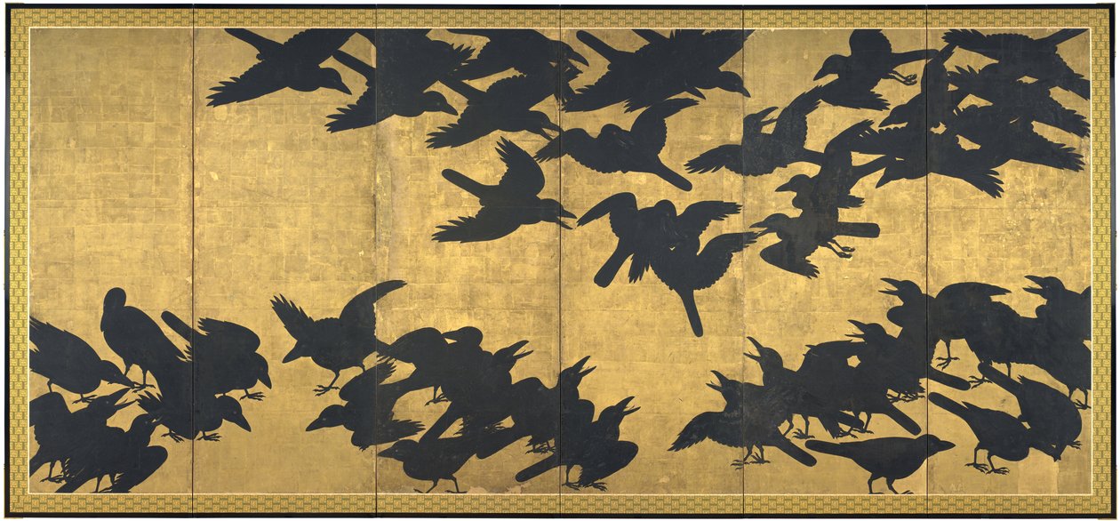 Crows, 1600-luvun alku (pari kuudesta paneelista; muste ja kulta päällä paperi) tekijältä Japanese School