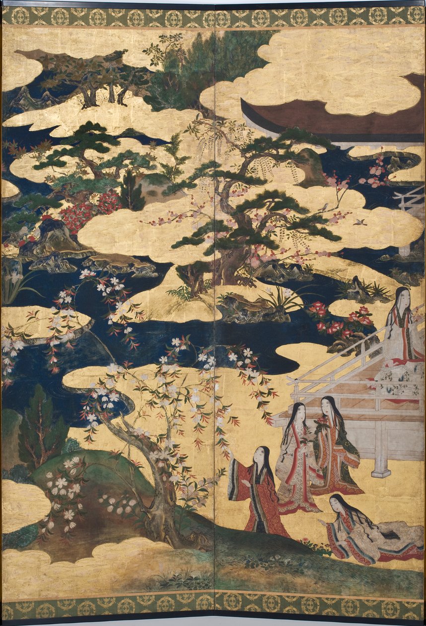 Yksityiskohta keväästä palatsissa, kuusinkertainen näyttö elokuvasta The Tale of Genji, n. 1650 (mustetta, värejä ja kultaa paperille) tekijältä Japanese School