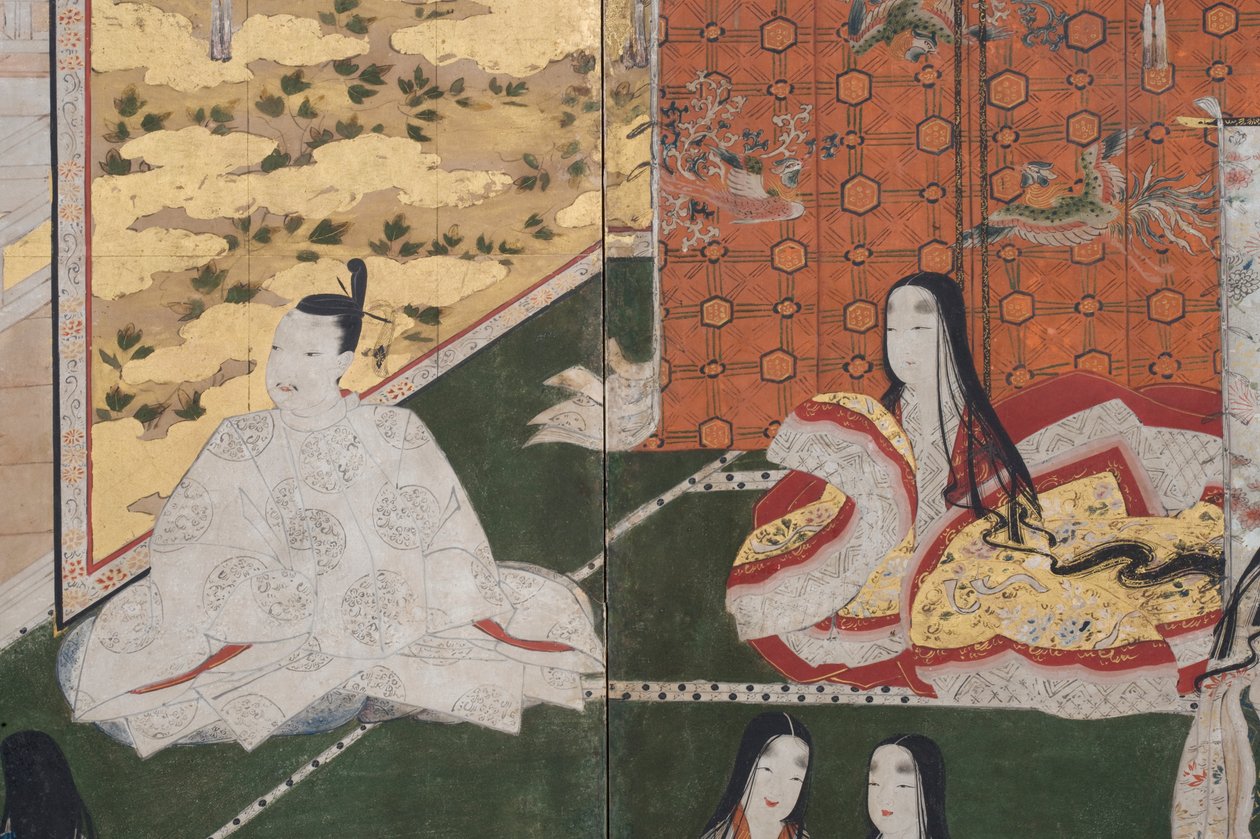 Yksityiskohta keväästä palatsissa, kuusinkertainen näyttö elokuvasta The Tale of Genji, n. 1650 (mustetta, värejä ja kultaa paperille) tekijältä Japanese School