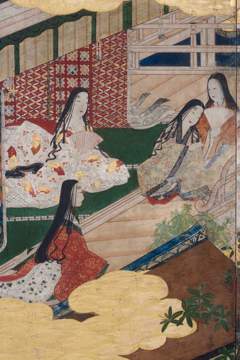 Yksityiskohta keväästä palatsissa, kuusinkertainen näyttö elokuvasta The Tale of Genji, n. 1650 (mustetta, värejä ja kultaa paperille) tekijältä Japanese School