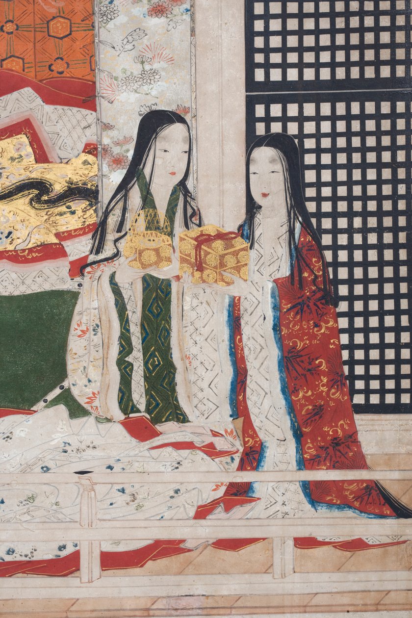Yksityiskohta keväästä palatsissa, kuusinkertainen näyttö elokuvasta The Tale of Genji, n. 1650 (mustetta, värejä ja kultaa paperille) tekijältä Japanese School