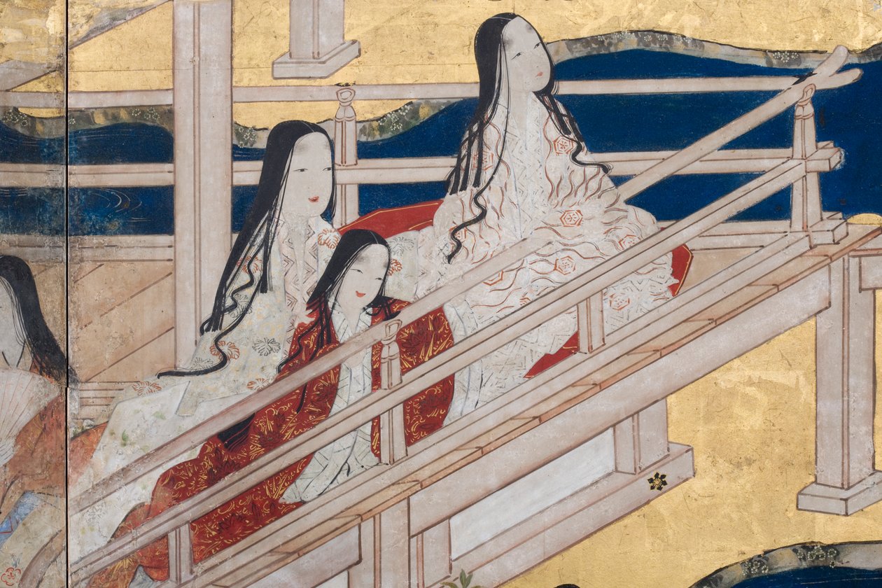 Yksityiskohta keväästä palatsissa, kuusinkertainen näyttö elokuvasta The Tale of Genji, n. 1650 (mustetta, värejä ja kultaa paperille) tekijältä Japanese School