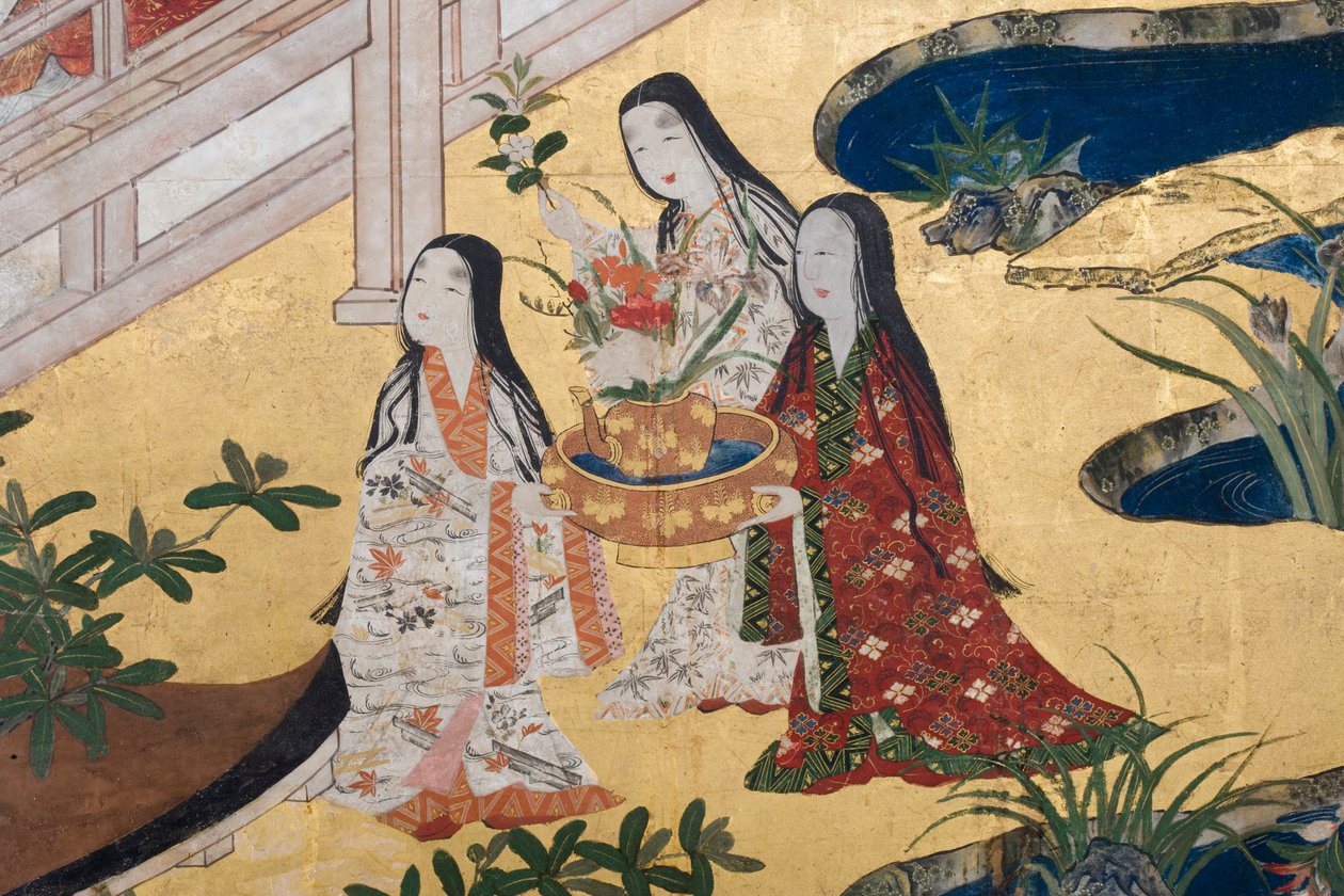 Yksityiskohta keväästä palatsissa, kuusinkertainen näyttö elokuvasta The Tale of Genji, n. 1650 (mustetta, värejä ja kultaa paperille) tekijältä Japanese School