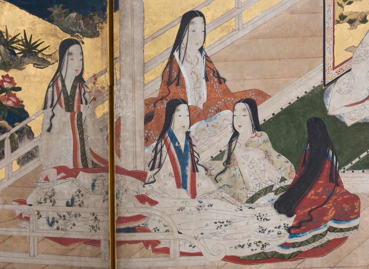 Yksityiskohta keväästä palatsissa, kuusinkertainen näyttö elokuvasta The Tale of Genji, n. 1650 (mustetta, värejä ja kultaa paperille) tekijältä Japanese School
